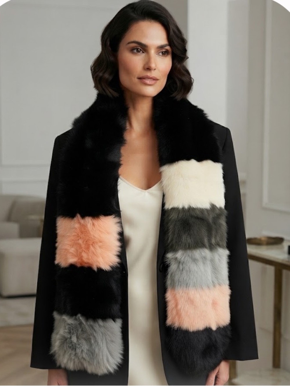 Neiman Marcus Love Token Faux Fur Colorblock Scarf - Black & Multicolor NWT
